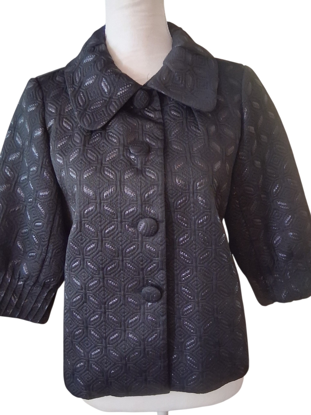 Women's Black Textured Short Pea Coat with Button Front